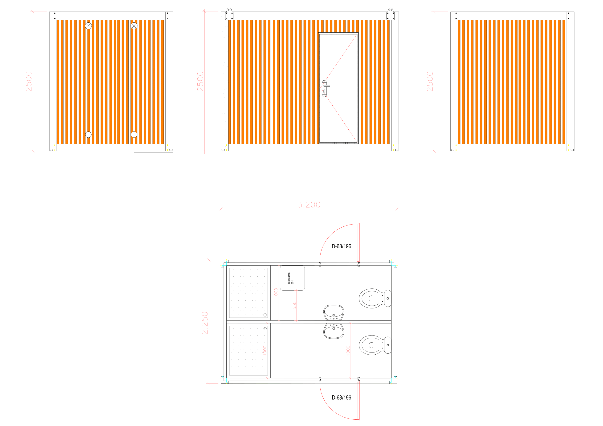 Plattegrond van mobiele badkamerunit met 2 deuren
