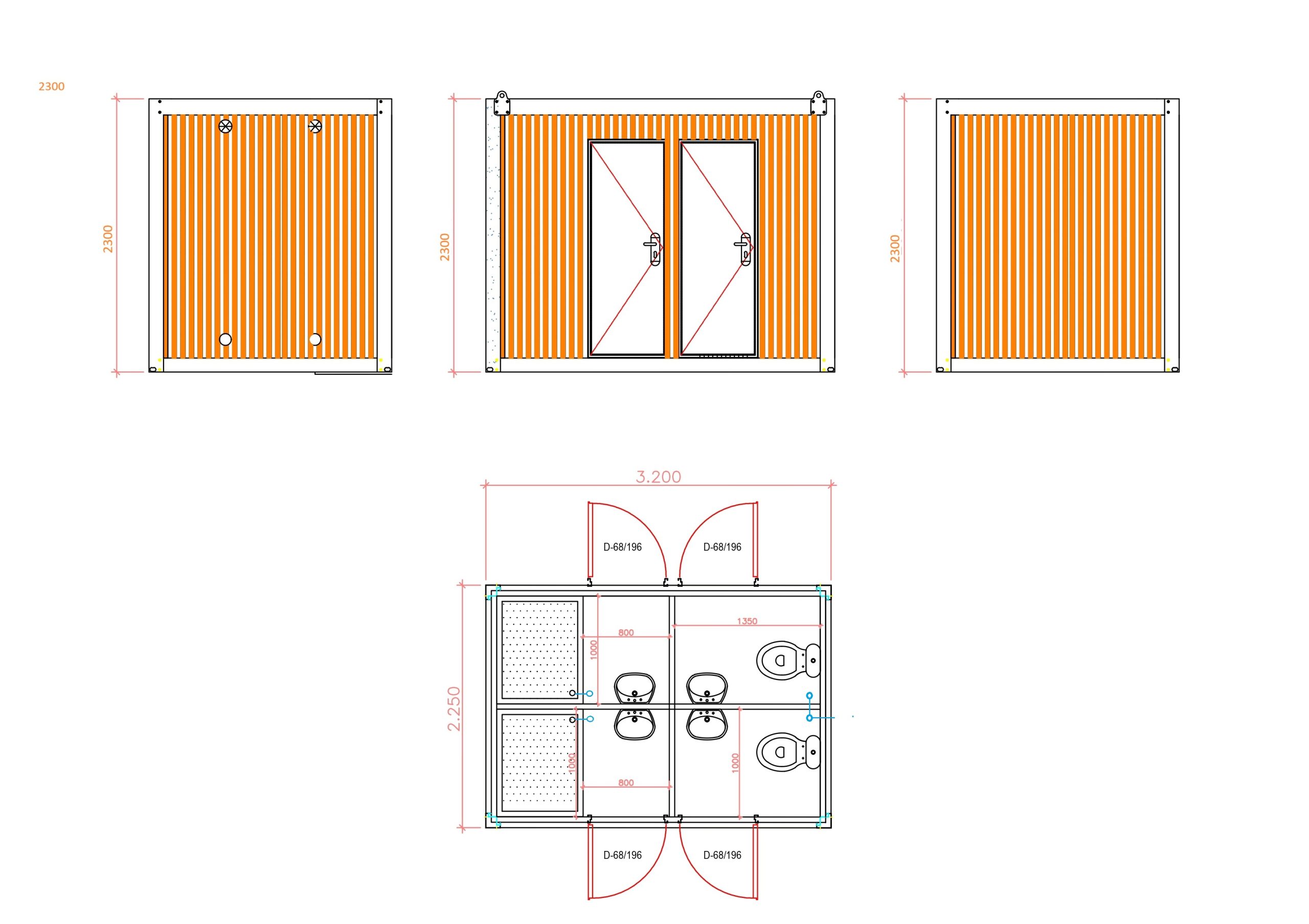 Plattegrond van mobiele badkamerunit met 4 ruimtes